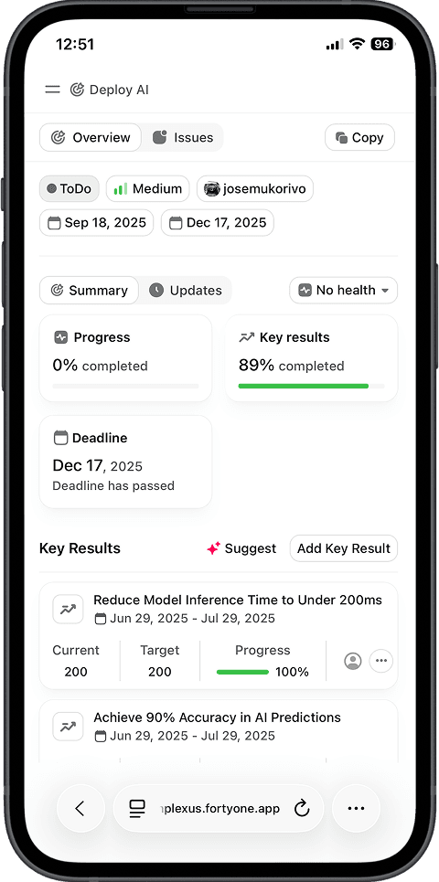 FortyOne mobile project overview with progress and key results