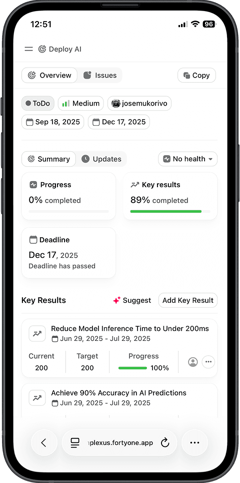 FortyOne mobile project overview with progress and key results
