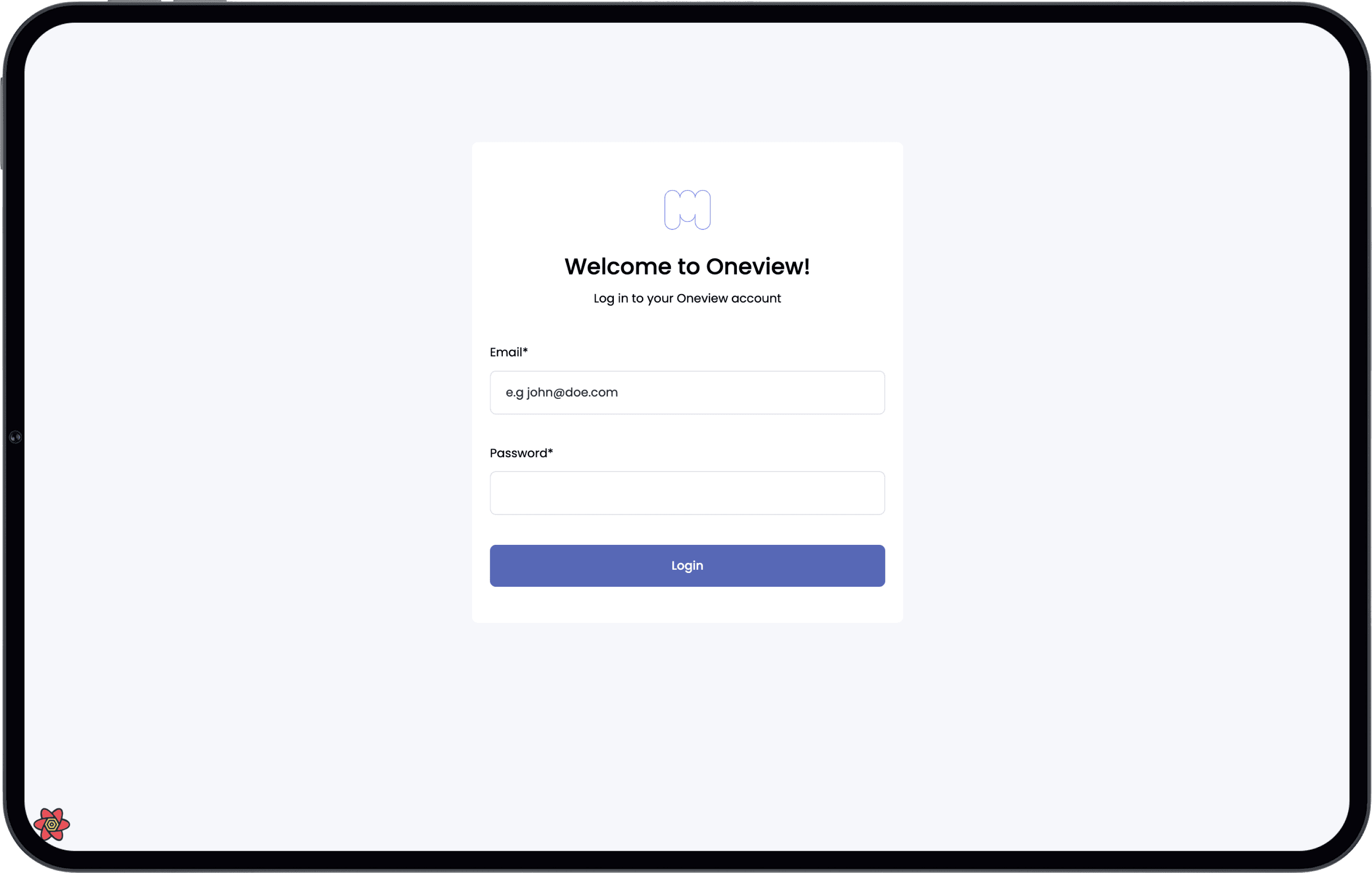 MDS OneView secure login experience on a tablet