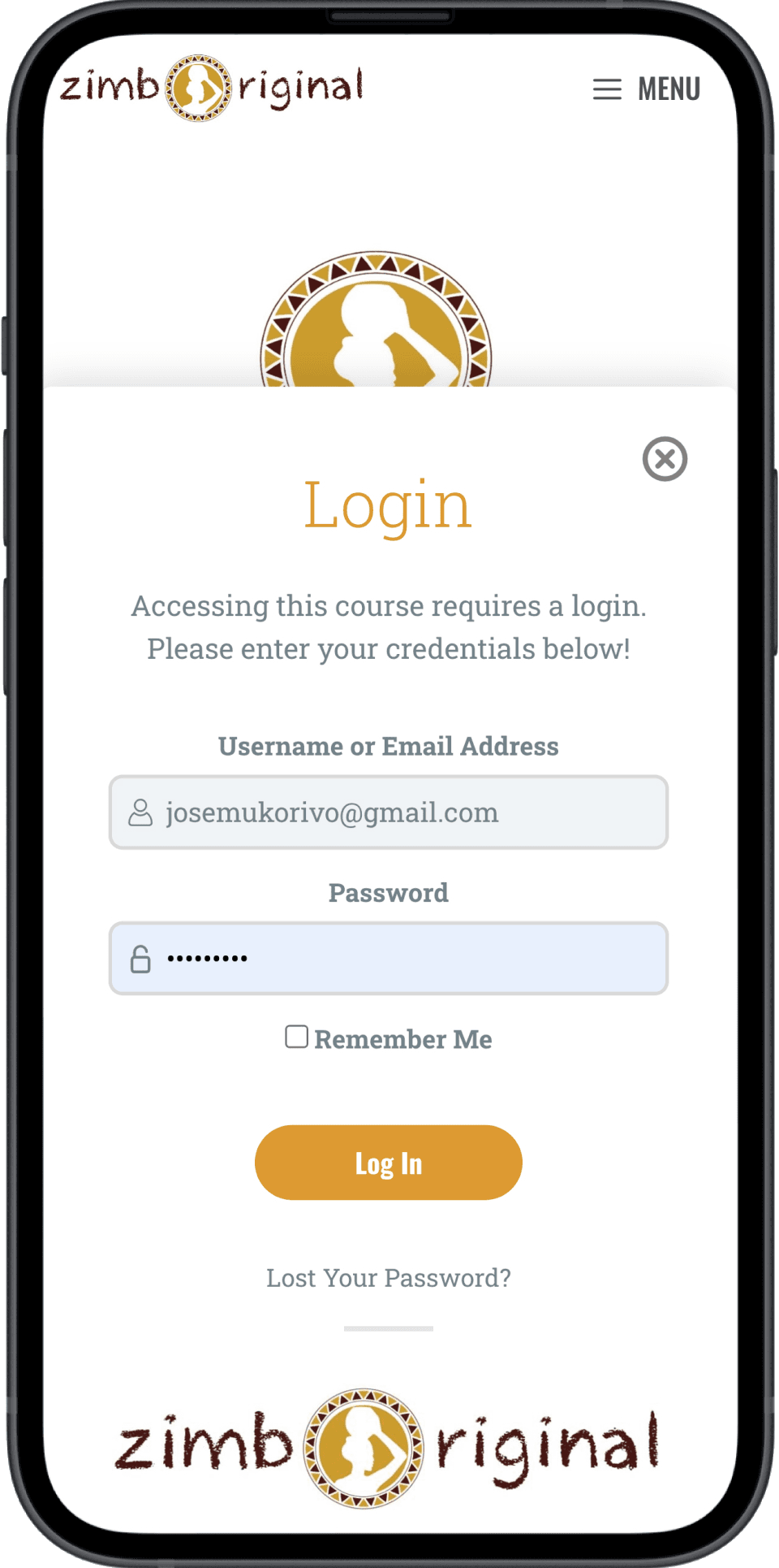 Zimboriginal course login on mobile